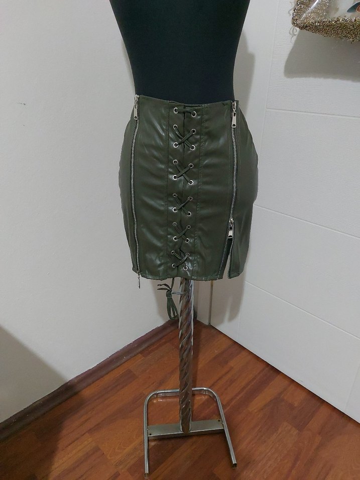 Etika Kadın Haki Deri Mini Etek - Görsel 4