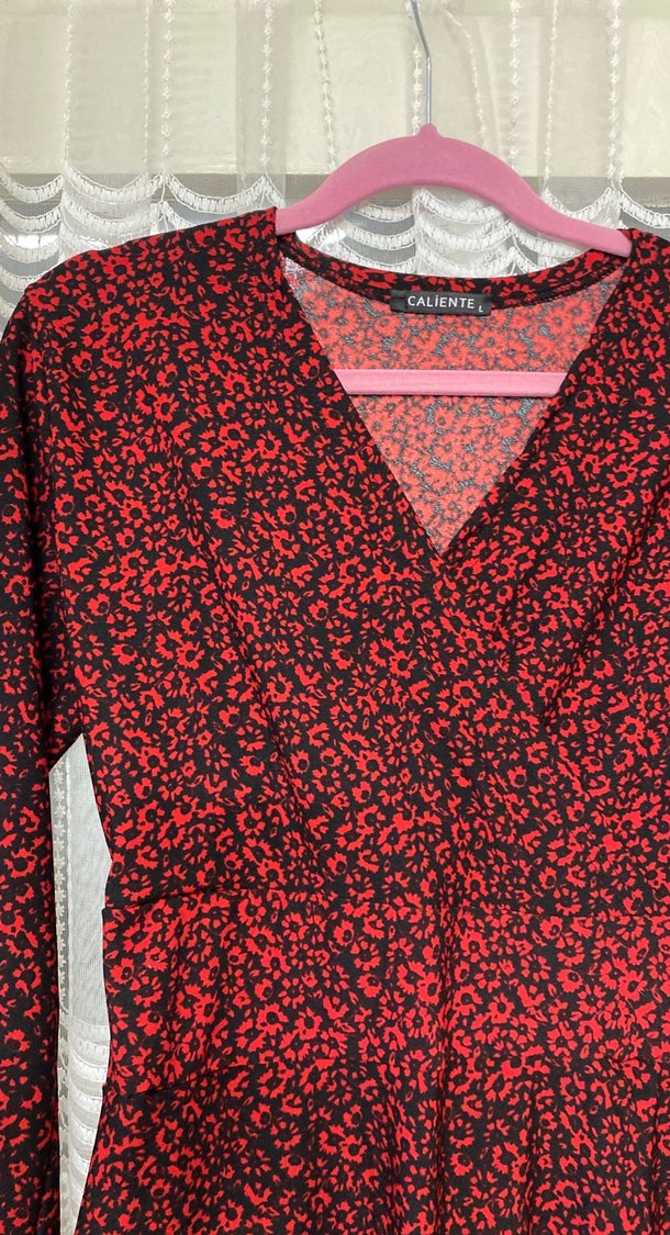 Kırmızı V Yaka Uzun Kollu Midi Elbise - Görsel 2