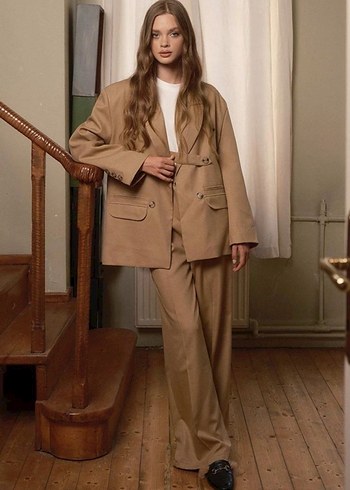 Bej Kadın Uzun Kollu Midi Blazer Ceket - Görsel 3