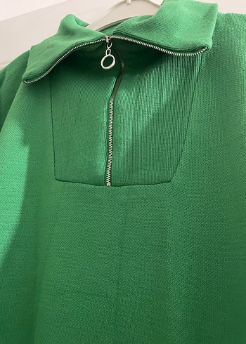 Yeşil Fermuarlı triko Uzun Salaş Elbise - Görsel 3