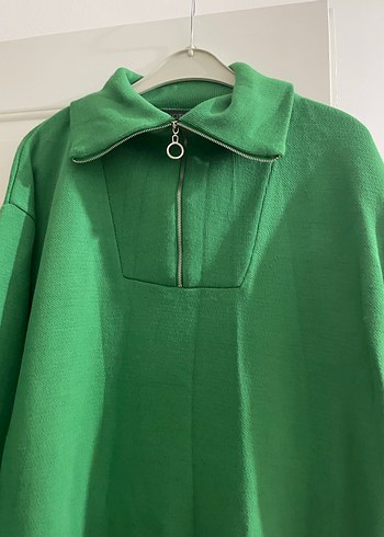 Yeşil Fermuarlı triko Uzun Salaş Elbise - Görsel 2