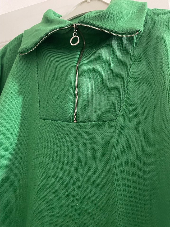 Yeşil Fermuarlı triko Uzun Salaş Elbise - Görsel 3