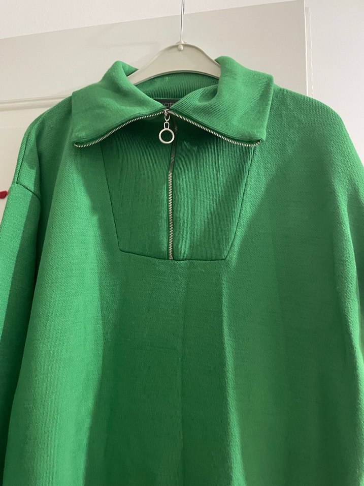 Yeşil Fermuarlı triko Uzun Salaş Elbise - Görsel 2