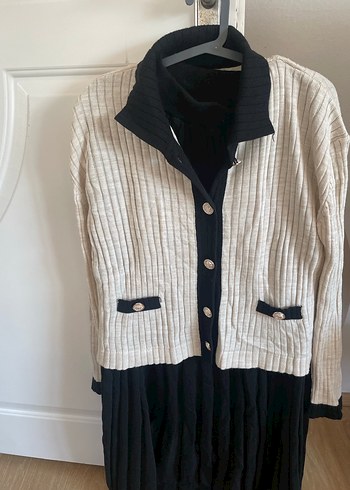 Bej Siyah Piliseli Triko Kadın Elbise - Görsel 5