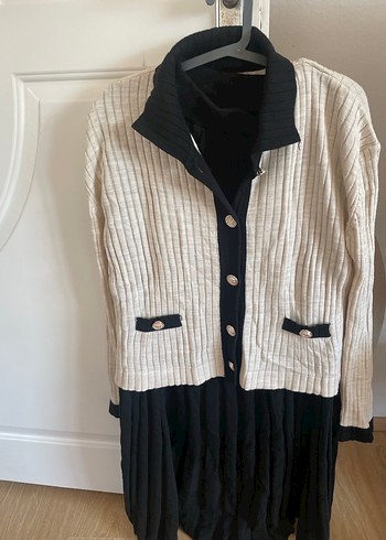 Bej Siyah Piliseli Triko Kadın Elbise - Görsel 3