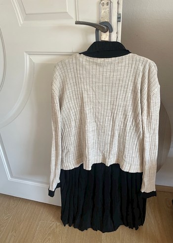 Bej Siyah Piliseli Triko Kadın Elbise - Görsel 4