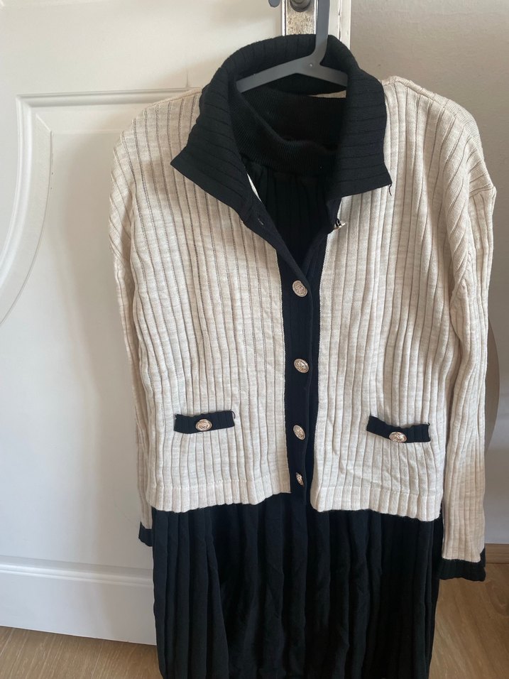 Bej Siyah Piliseli Triko Kadın Elbise - Görsel 5