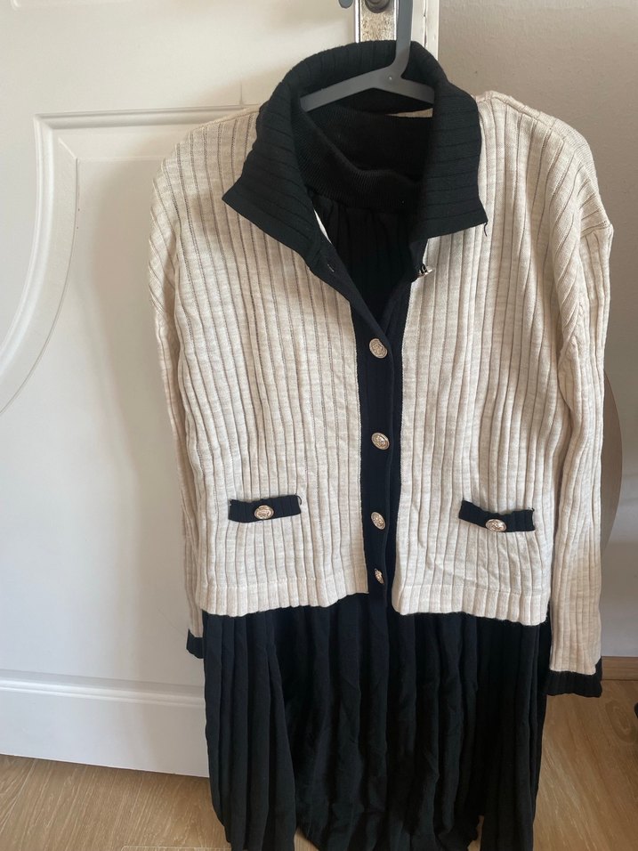 Bej Siyah Piliseli Triko Kadın Elbise - Görsel 3