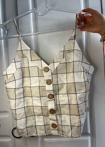 Gri Bej Ekose Askılı Bluz - Görsel 2