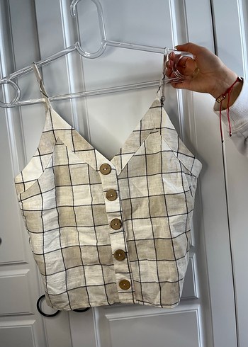 Gri Bej Ekose Askılı Bluz - Görsel 3