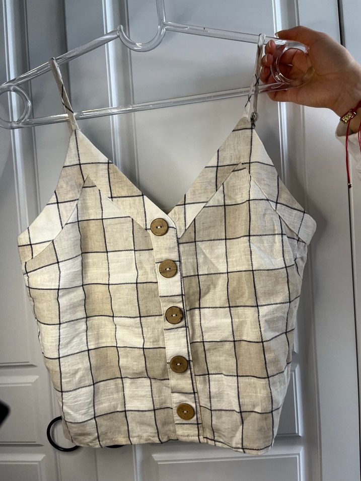 Gri Bej Ekose Askılı Bluz - Görsel 2