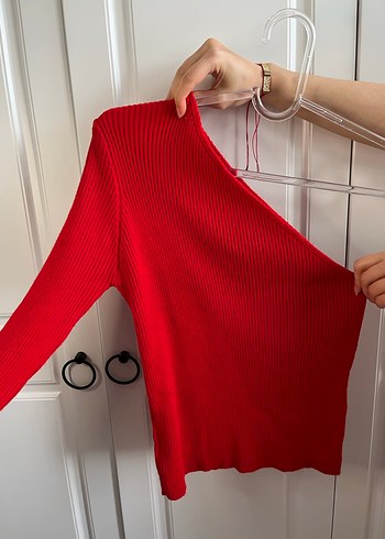 Kırmızı Yüksek Yakalı Kadın Triko Kazak - Görsel 3