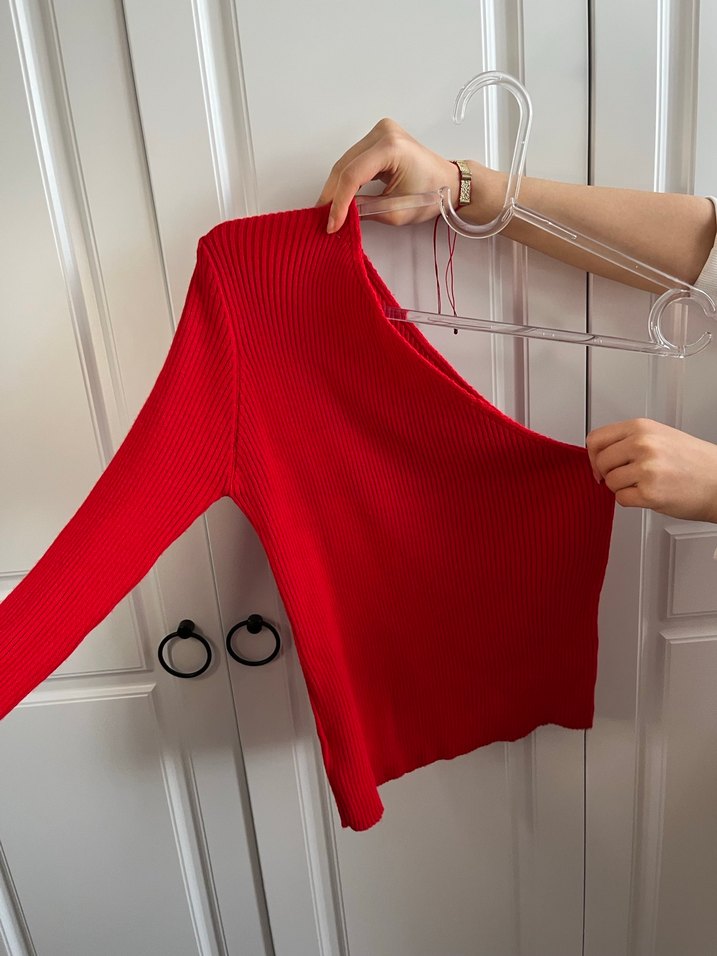 Kırmızı Yüksek Yakalı Kadın Triko Kazak - Görsel 4