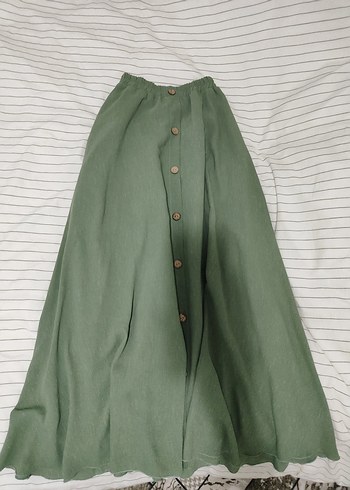 Düğmeli Yeşil Keten Uzun Etek - Görsel 7