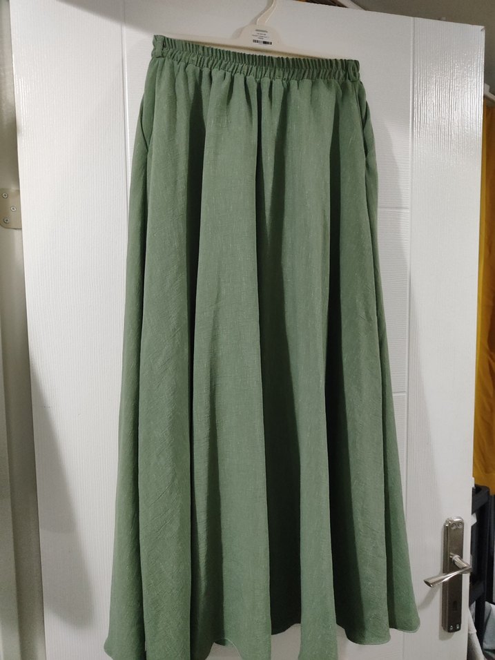 Düğmeli Yeşil Keten Uzun Etek - Görsel 3