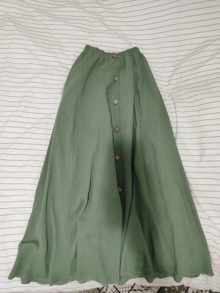 Düğmeli Yeşil Keten Uzun Etek - Görsel 4