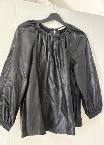 Deri Siyah Uzun Kollu Midi Bluzu - Görsel 5