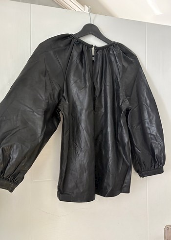 Deri Siyah Uzun Kollu Midi Bluzu - Görsel 4