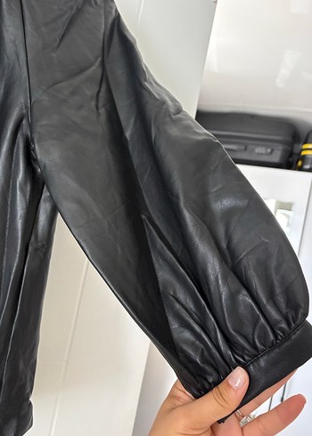 Deri Siyah Uzun Kollu Midi Bluzu - Görsel 7