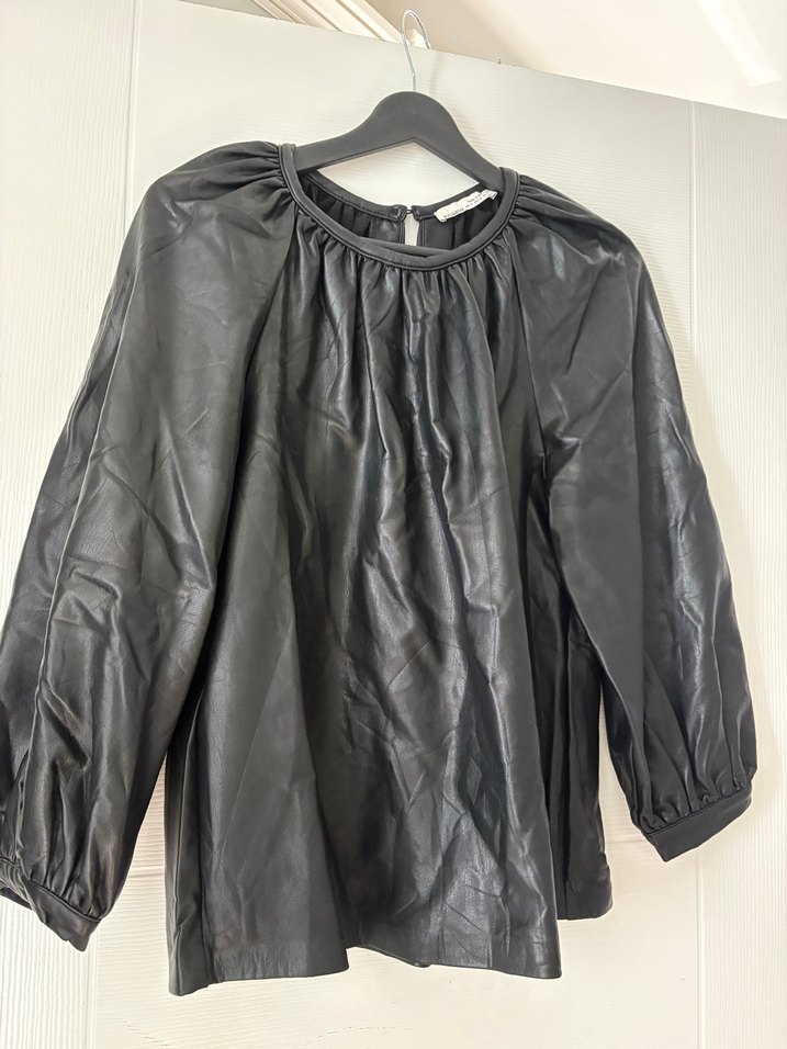 Deri Siyah Uzun Kollu Midi Bluzu - Görsel 5