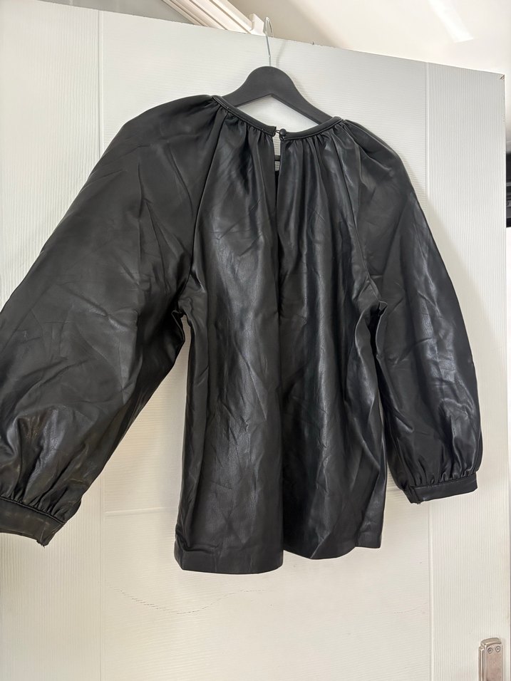 Deri Siyah Uzun Kollu Midi Bluzu - Görsel 4