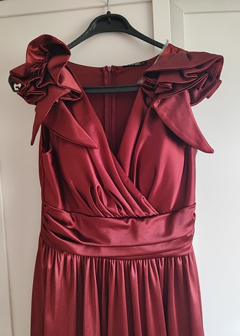 Bordo Drapeli V Yakalı Uzun Abiye Elbise - Görsel 6