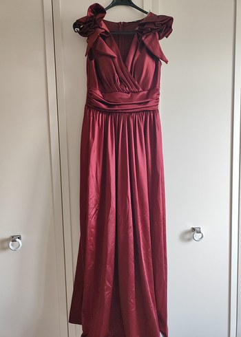 Bordo Drapeli V Yakalı Uzun Abiye Elbise - Görsel 7