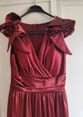 Bordo Drapeli V Yakalı Uzun Abiye Elbise - Görsel 9