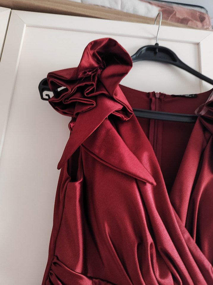 Bordo Drapeli V Yakalı Uzun Abiye Elbise - Görsel 3