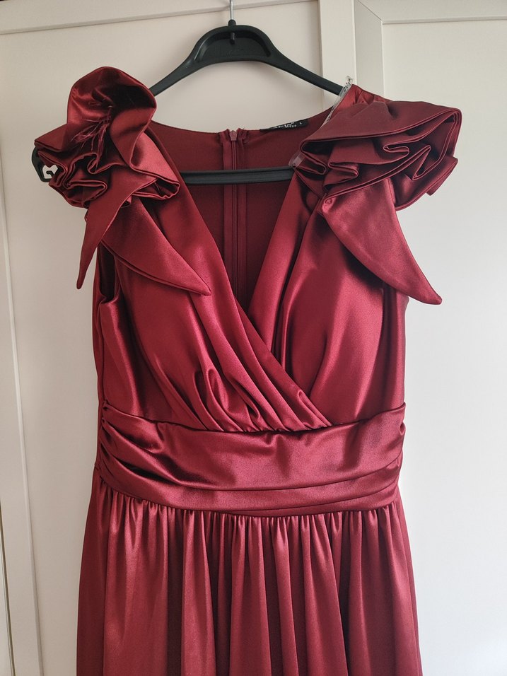 Bordo Drapeli V Yakalı Uzun Abiye Elbise - Görsel 5