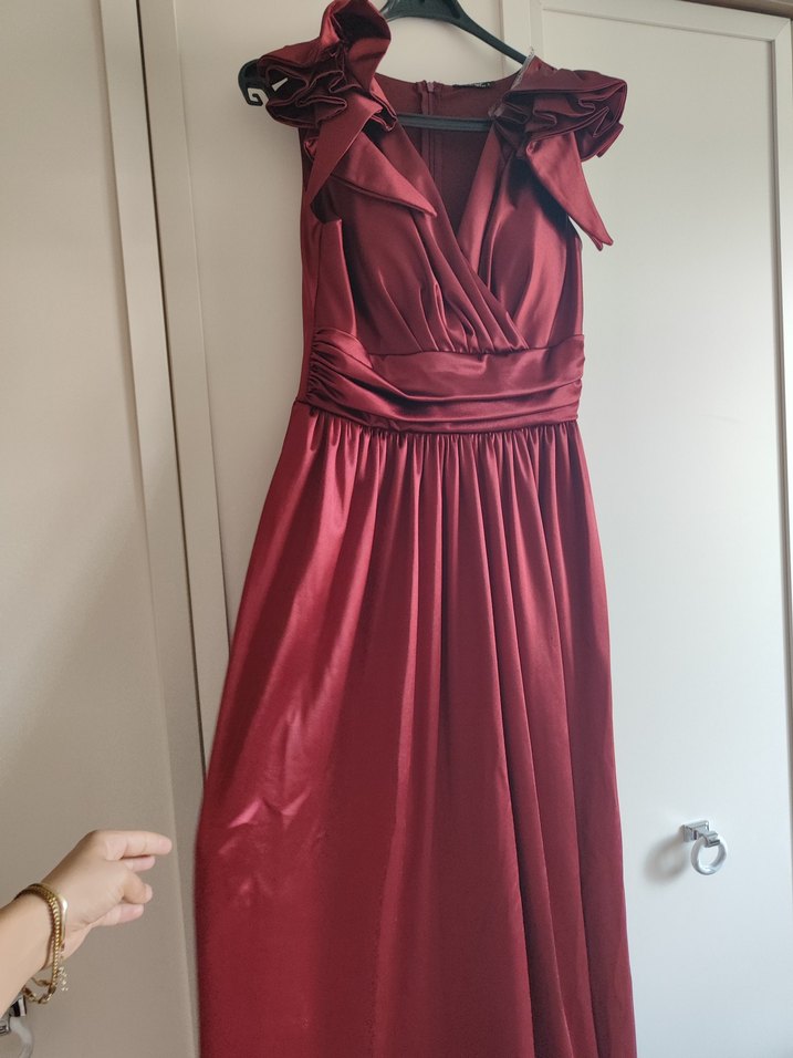 Bordo Drapeli V Yakalı Uzun Abiye Elbise - Görsel 4