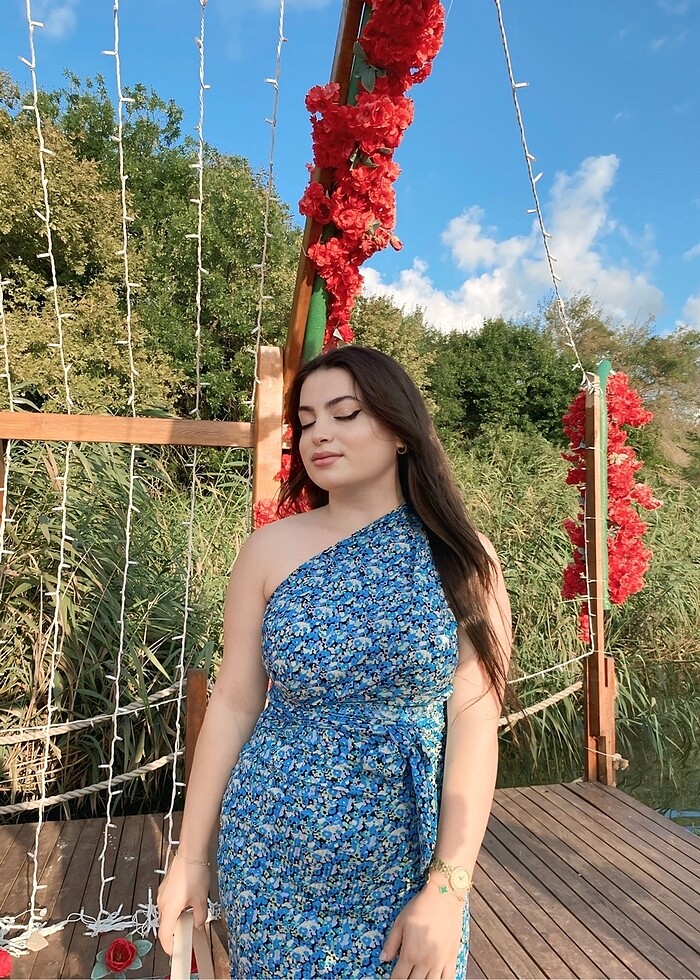 Trendyolmilla tek kollu mavi elbise - Görsel 2