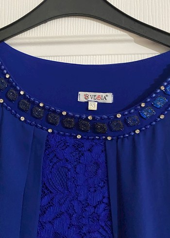 Zincir Detaylı Mavi Uzun Abiye Elbise - Görsel 2