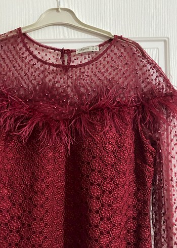 Bordo Dantel İşlemeli Midi abiye - Görsel 5