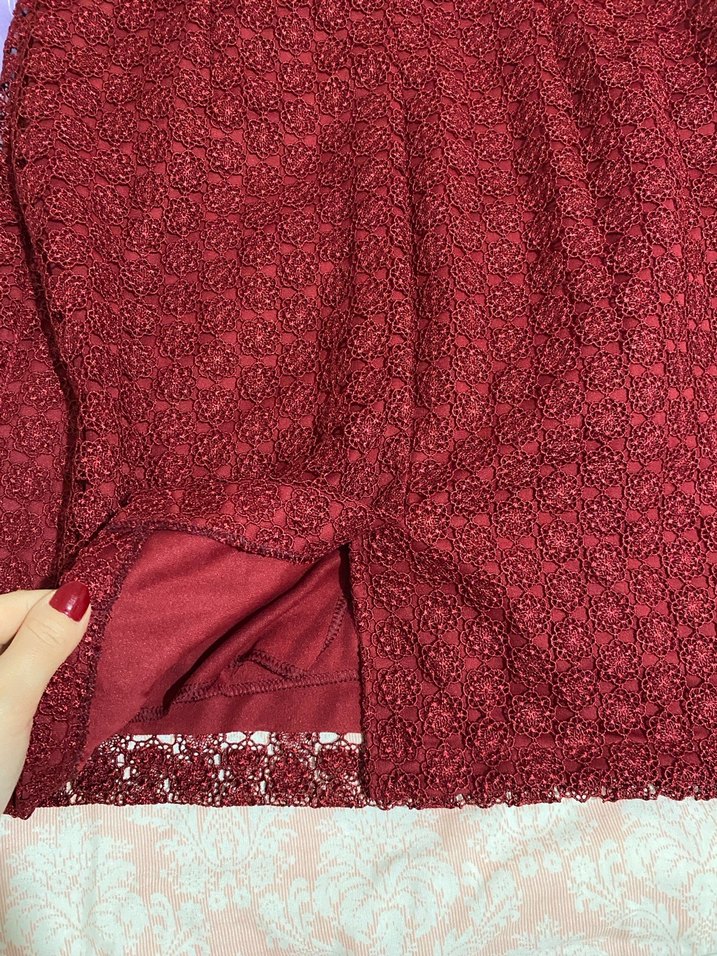 Bordo Dantel İşlemeli Midi abiye - Görsel 3