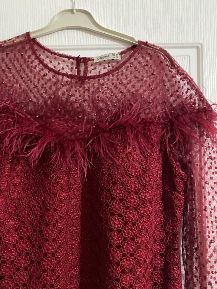 Bordo Dantel İşlemeli Midi abiye - Görsel 5