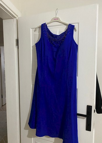 Nakışlı Klasik Kadın Uzun Mavi Abiye Elbise - Görsel 3