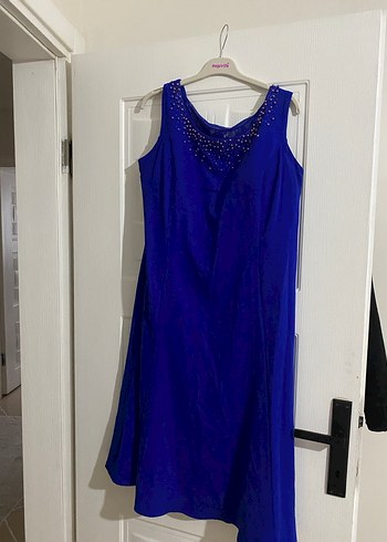 Nakışlı Klasik Kadın Uzun Mavi Abiye Elbise - Görsel 2