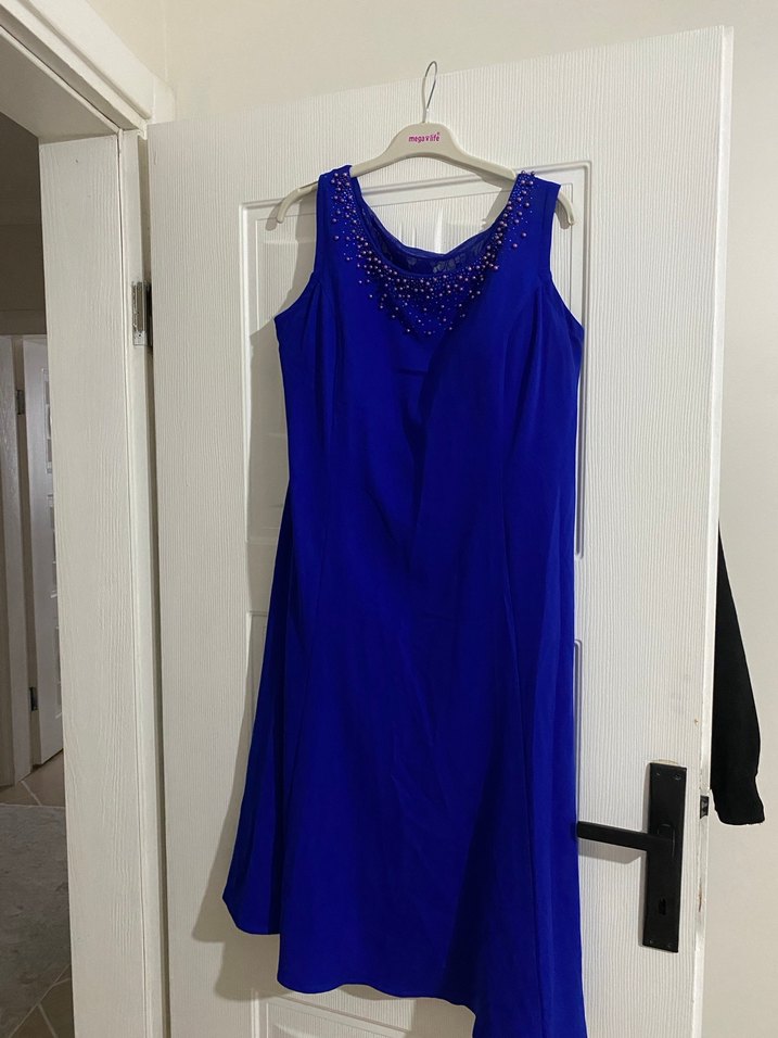 Nakışlı Klasik Kadın Uzun Mavi Abiye Elbise - Görsel 3