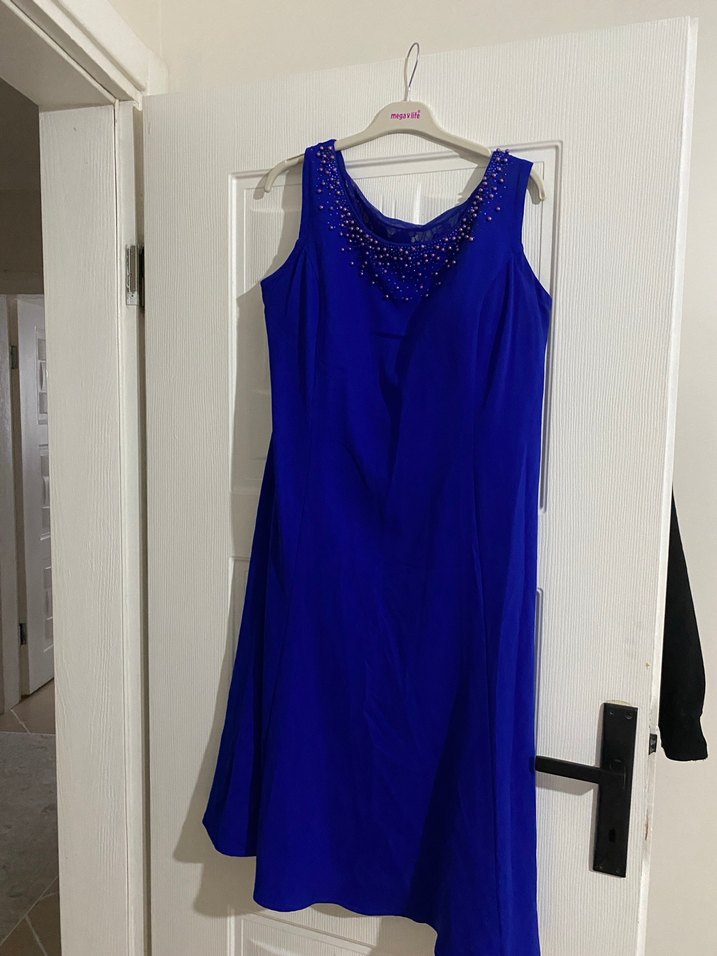 Nakışlı Klasik Kadın Uzun Mavi Abiye Elbise - Görsel 2