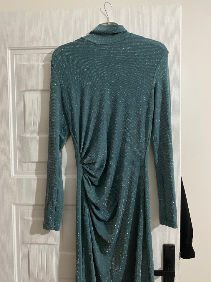 Uzun Kol Drapeli Turkuaz Elbise - Görsel 3