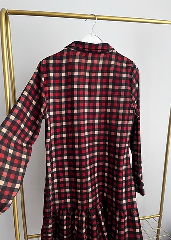 Bordo Kareli Mini Elbise, Düğmeli, Salaş Kesim - Görsel 4