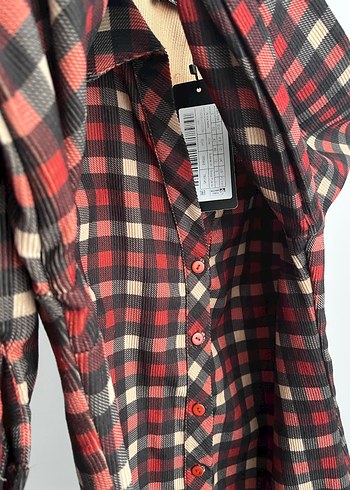 Bordo Kareli Mini Elbise, Düğmeli, Salaş Kesim - Görsel 3