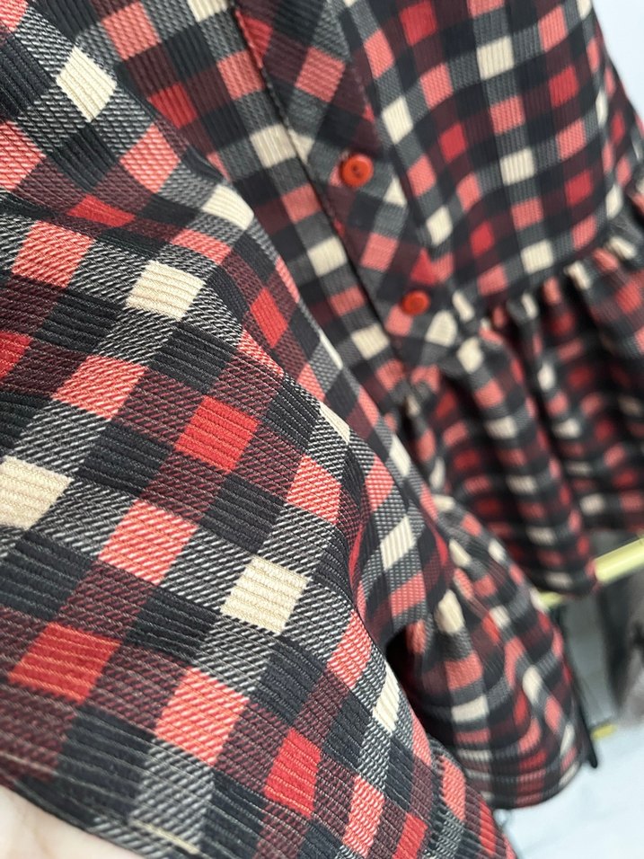 Bordo Kareli Mini Elbise, Düğmeli, Salaş Kesim - Görsel 5