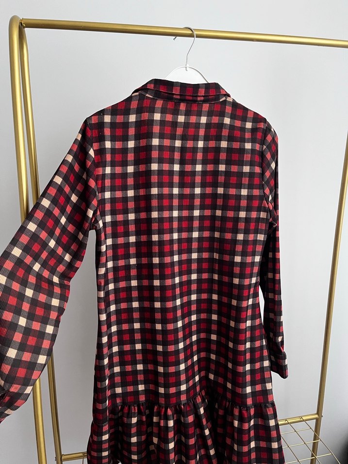 Bordo Kareli Mini Elbise, Düğmeli, Salaş Kesim - Görsel 4