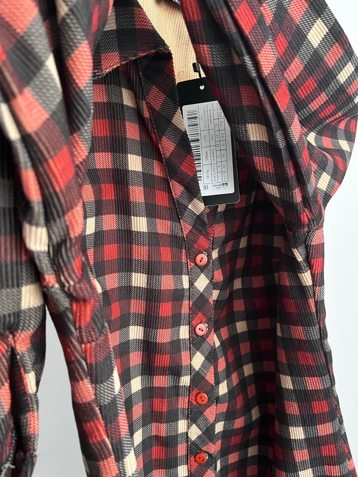 Bordo Kareli Mini Elbise, Düğmeli, Salaş Kesim - Görsel 3