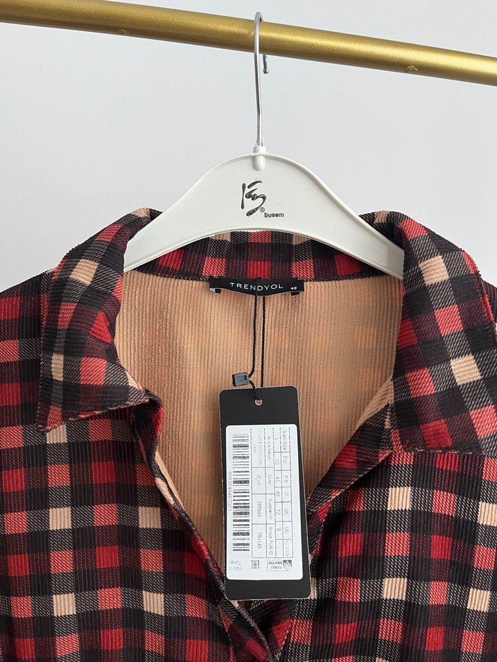 Bordo Kareli Mini Elbise, Düğmeli, Salaş Kesim - Görsel 2