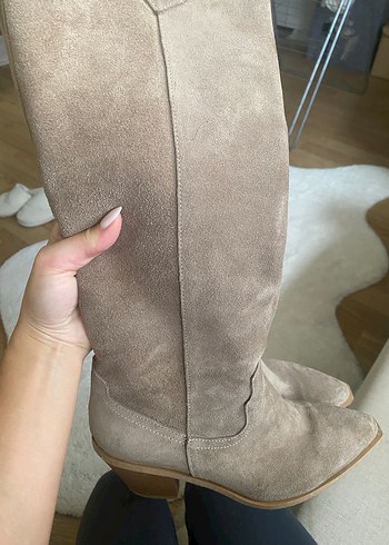 Bej Süet Kadın Dizüstü Çizme - Görsel 2