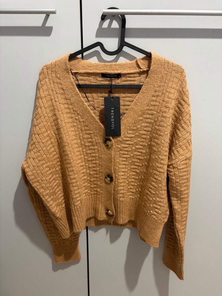 Kahverengi Örgü V Yaka Kadın Hırka - Görsel 4