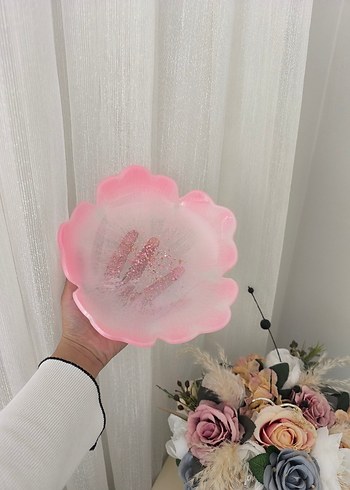 Pembe Şeffaf Çiçek Desenli Epoksi Kase - Görsel 2